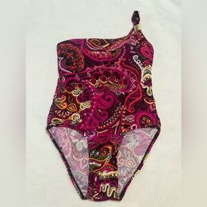 Pink print one shoulder one piece swimwear 
(#3)